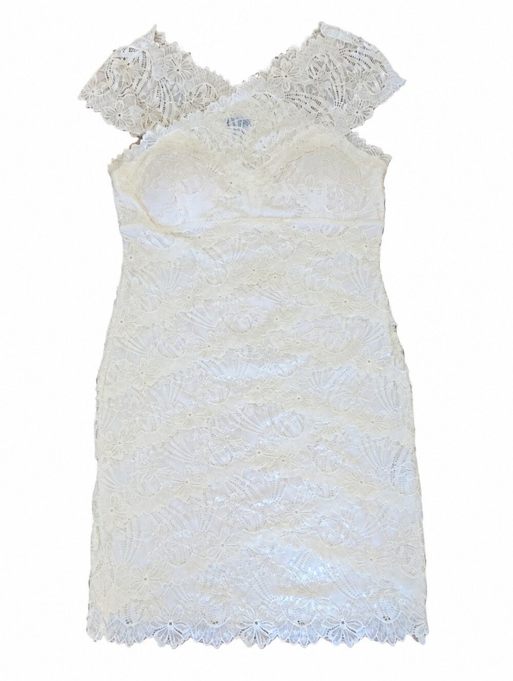 Ivory Stretch Lace Bosycon Dress With Sequins Details - Cream